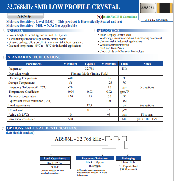 ABRACON晶振,贴片晶振,ABS06L晶振,ABS06L-32.768KHZ-T晶振