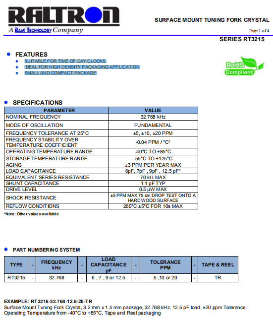 Raltron晶振,贴片晶振,RT3215晶振,32.768K晶振