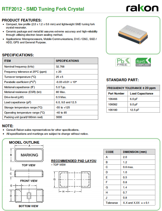 Rakon晶振,贴片晶振,RTF2012晶振,瑞康32.768K晶振